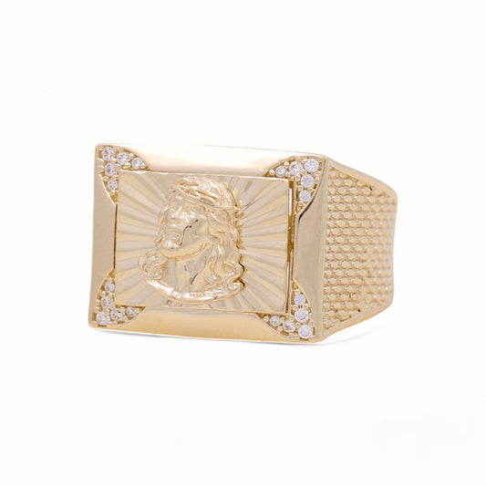 Anillo de oro amarillo de 14 quilates para hombre con la imagen de Jesús / Circonita cúbica / Talla 10 / Peso: 6,6 gr / COMR4FS-28