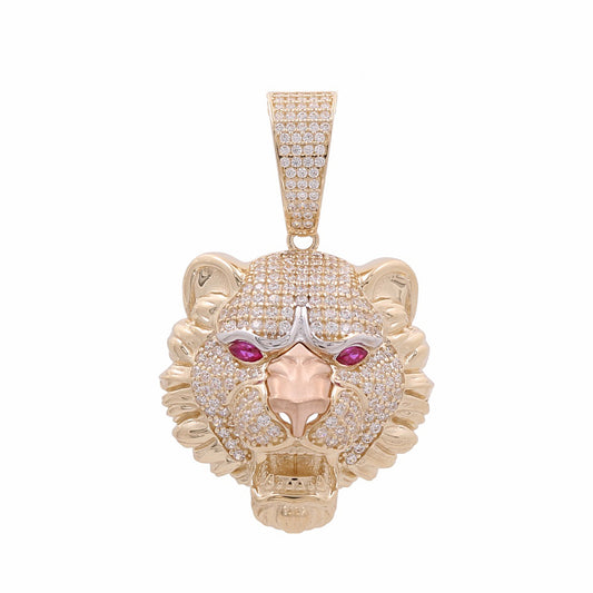 14K Yellow Rose And White Gold Tiger Pendant / CZ / Red Stones