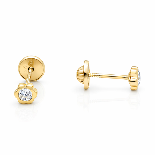 14k Yellow Gold Flower Stud Earrings With Cz / 6-CH-M-3