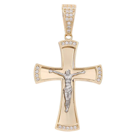 14K Yellow and White Gold Cross with Christ Pendant / Stone:Cz / Weight 6.9gr