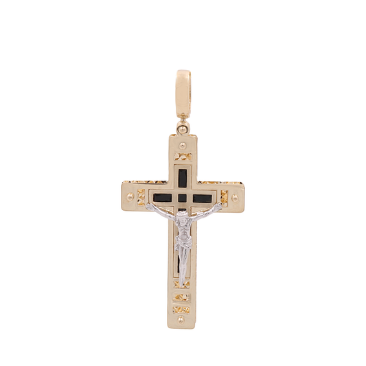 14K Two Tone Cross with Jesus with Onyx Pendant / ISPDTT4CRS-3