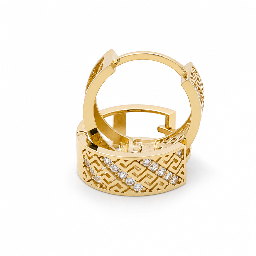 10K Yellow Gold Hoops Earring with Greek Desing and Cz Stone / Size: 5mm x 11mm / Weight: 2.6 GR / DQEH0GR5x11