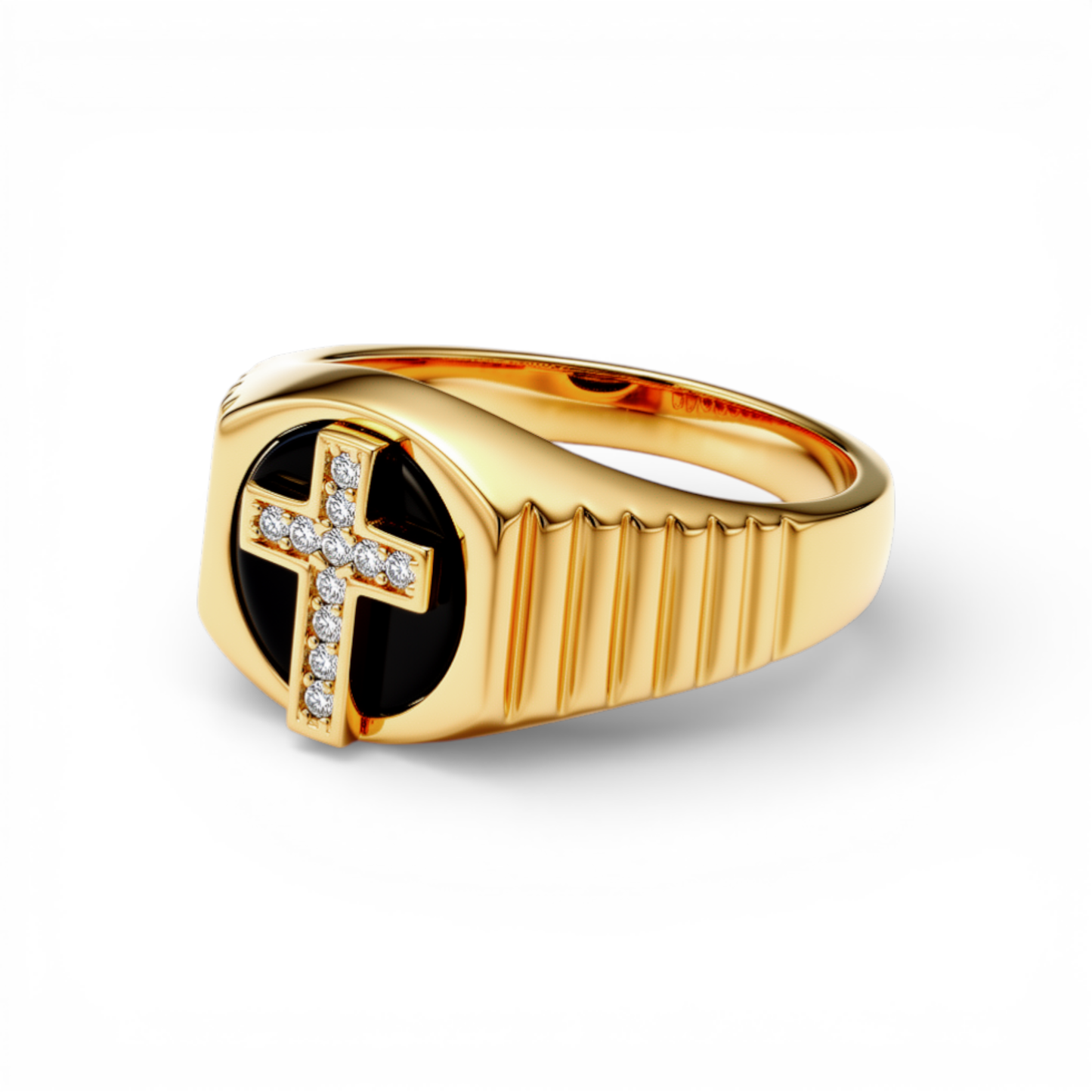10K Yellow Gold Round Kids Ring with Cross and Onyx / Stone: Cz / Size: 5.5 / Weight: 2.4 GR / DQKR0CS