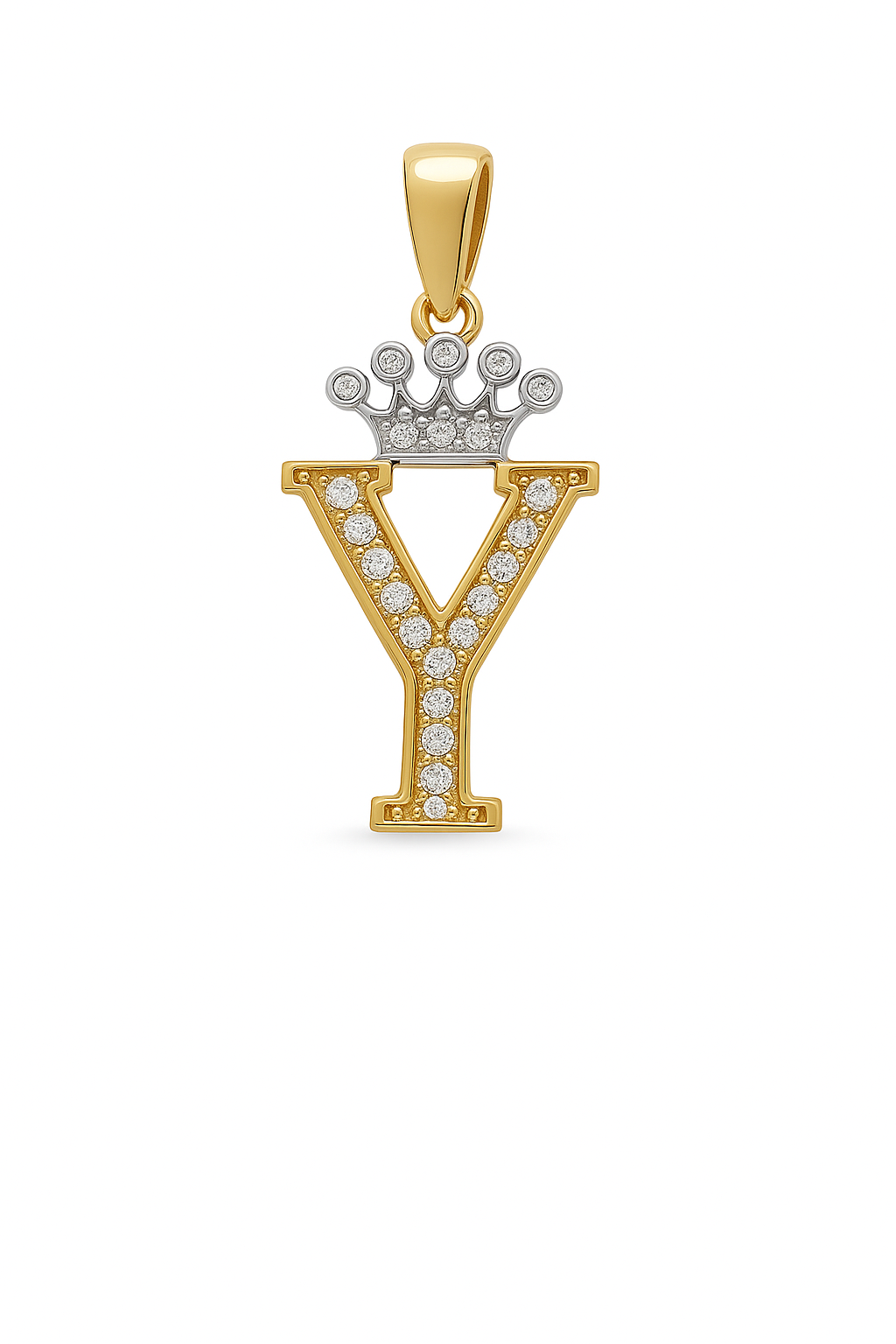 14K Yellow and White Gold Initial Y with Crown / Size: 25.5mm / Stone: Cz / Weight: 1 GR / 73251Y