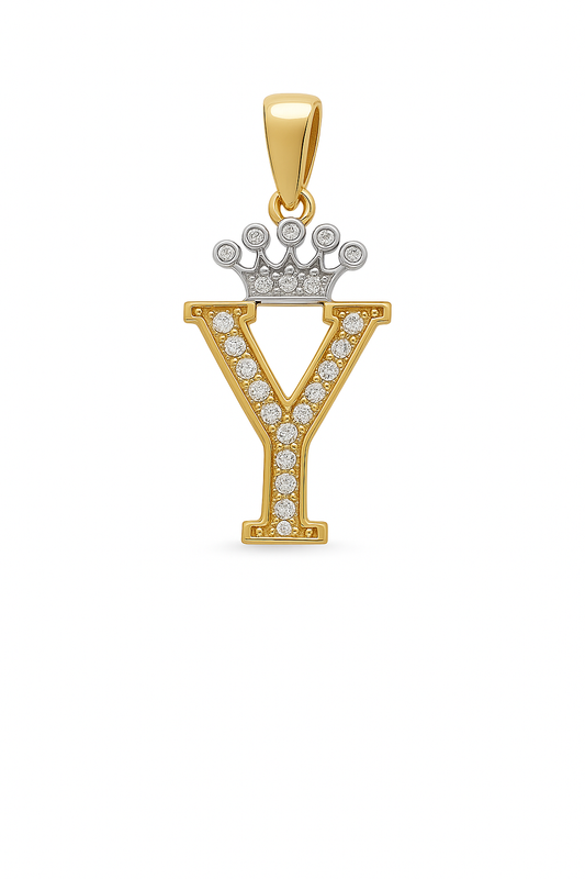 14K Yellow and White Gold Initial Y with Crown / Size: 25.5mm / Stone: Cz / Weight: 1 GR / 73251Y