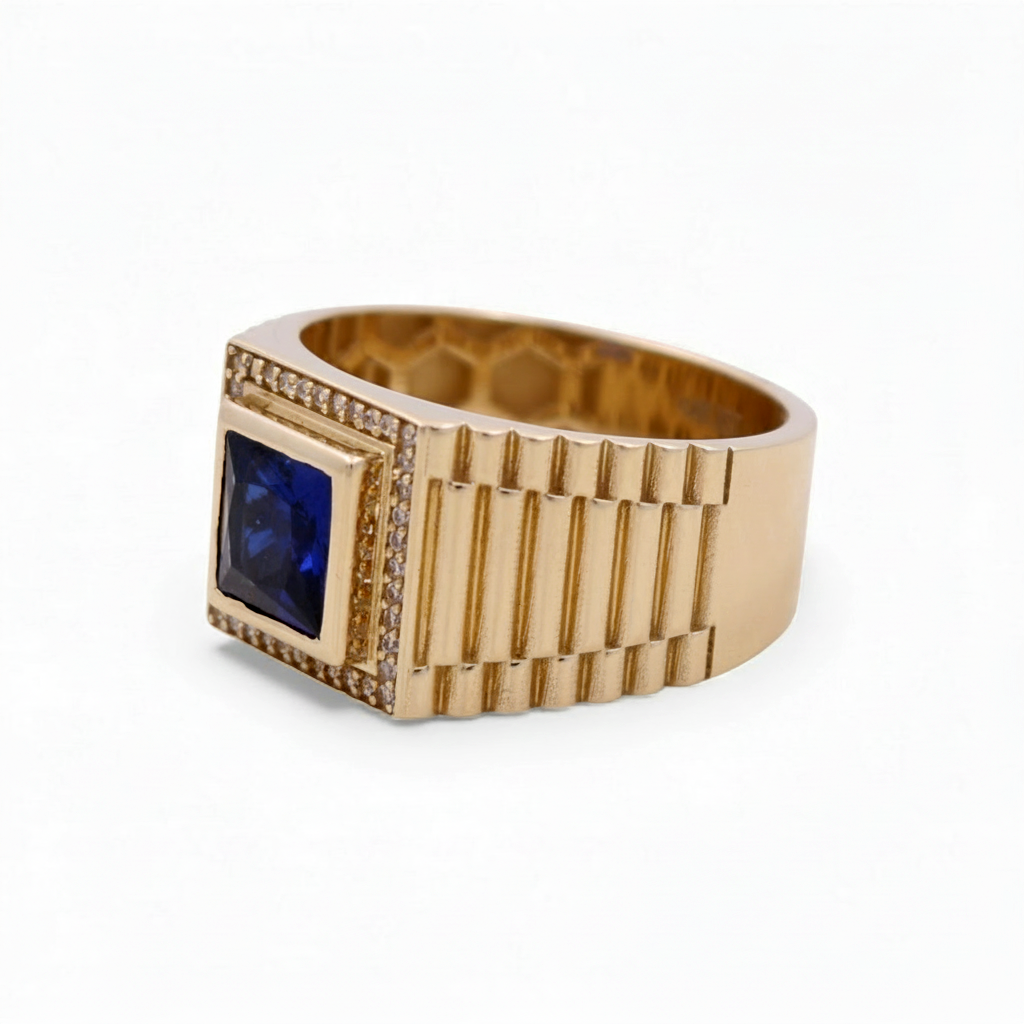 14K Yellow Gold Fashion Square Men's Ring with Blue Cz / Size 11 / Weight: 8.5 GR