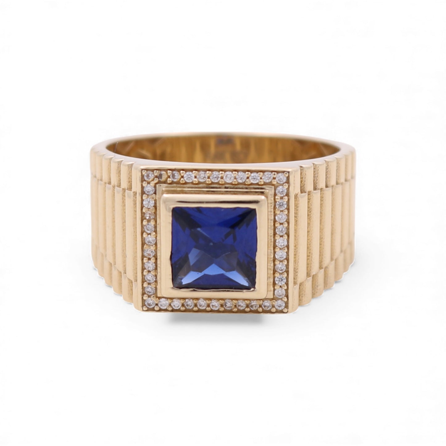 14K Yellow Gold Fashion Square Men's Ring with Blue Cz / Size 11 / Weight: 8.5 GR
