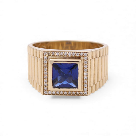 14K Yellow Gold Fashion Square Men's Ring with Blue Cz / Size 10.5 / Weight: 8.5 GR / COMR4FS-74