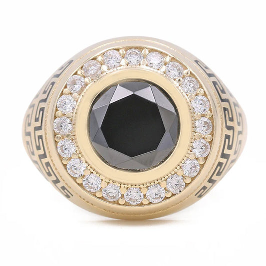 14k Round Men's Ring with Black Enamel Greek and Red Cz / Size 11 / Weight 9.5 GR / BOMR4FS-7