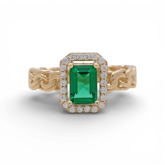 14K Yellow Gold Women's Ring with Chinese Link and Green Cz / Size: 7.5 / Weight: 3.2 GR / Y24-1166