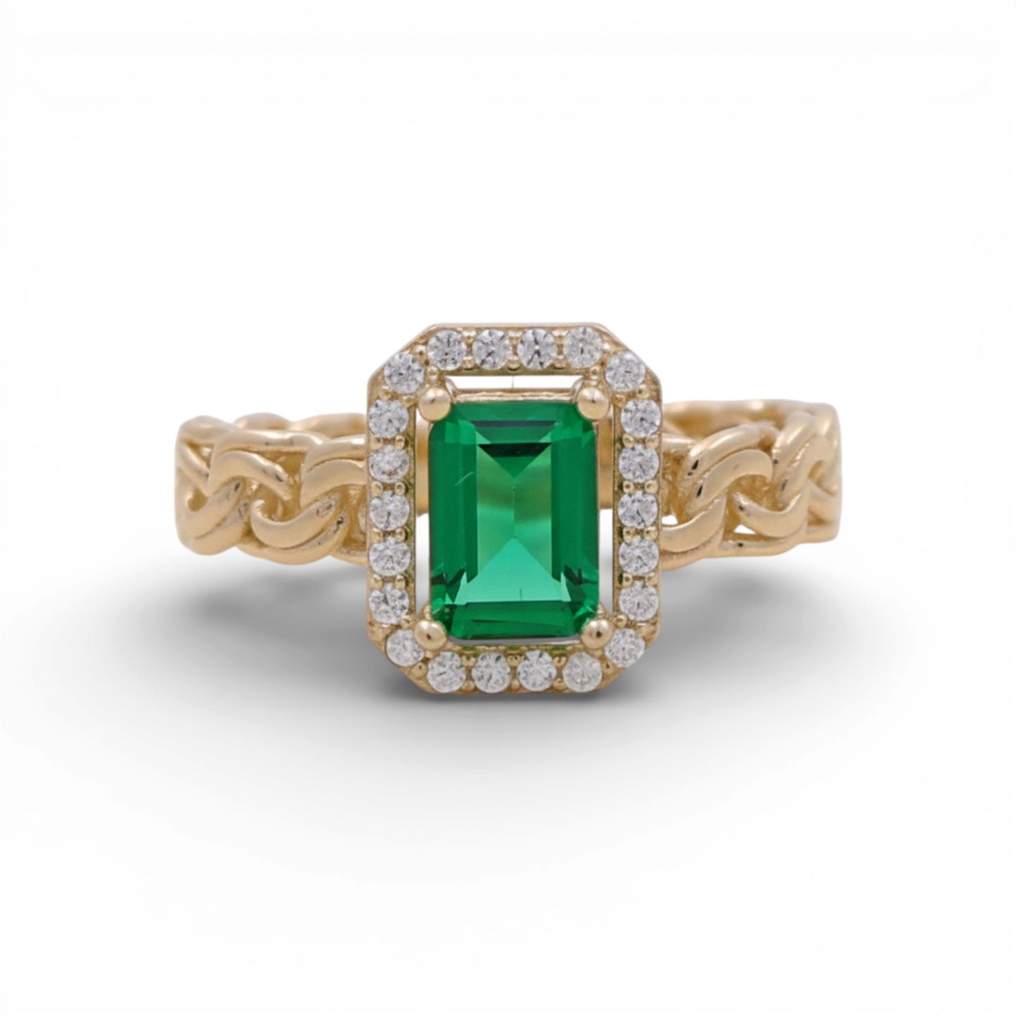 14K Yellow Gold Women's Ring with Chinese Link and Green Cz / Size: 7.5 / Weight: 3.2 GR