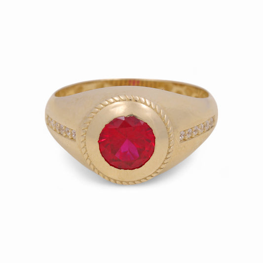 Anillo de oro amarillo de 14 quilates con circonita roja para hombre / Tamaño: 10 / Peso: 4,1 gr / COMR4FS-69