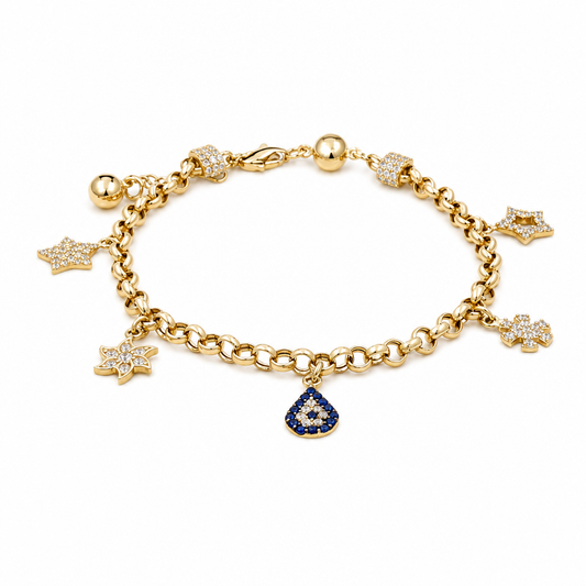 14k Yellow Gold Rolo Link Women's Bracelet with Charms and Cz / Size: 7.5" / Weight: 7.3 GR / CCFWB4FS-14