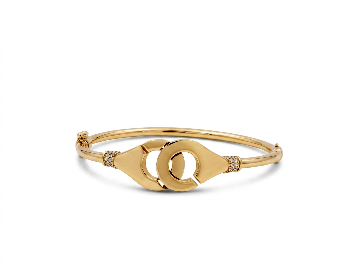 14K Yellow Gold SemiSolid Fashion Bangle Bracelet with Cz / Weight: 7.8 GR