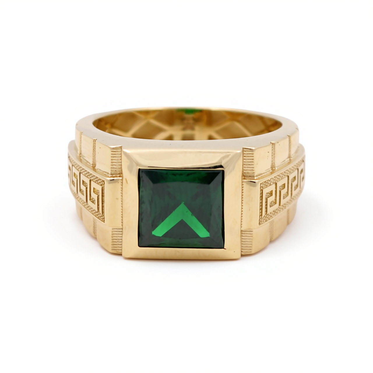 14K Yellow Gold SQ Men's Ring with Greek Design and Green Cz / Size: 10 / Weight: 4.8 GR / BOMR4FS-50
