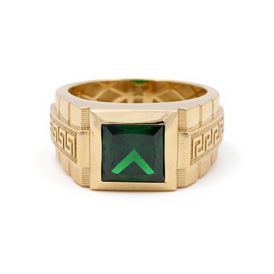 14K Yellow Gold SQ Men's Ring with Greek Design and Green Cz / Size: 10 / Weight: 4.8 GR