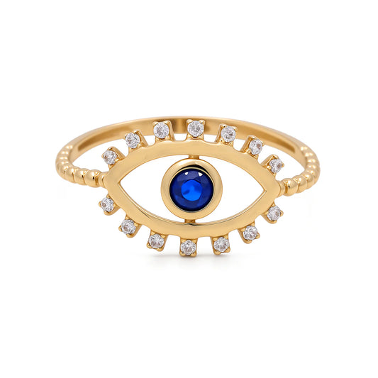 14K Yellow Gold Eye Women's Ring with Blue Cz / Size: 7.5 / Weight: 1.2 GR