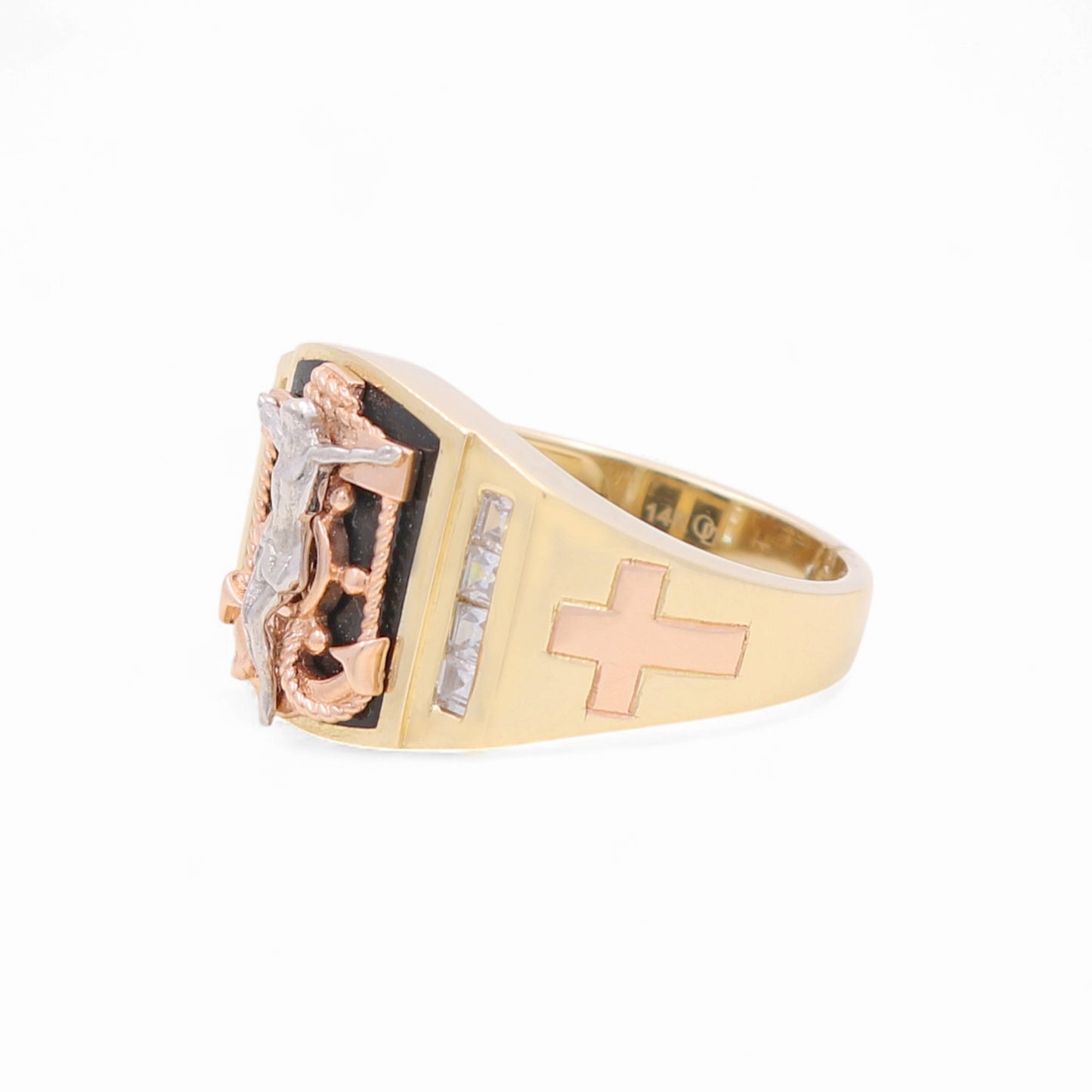 14k Three Square Christ Men's Ring with Cz / Size: 10 / Weight 8.9 GR /COMR4RCT3TOXCRCZ