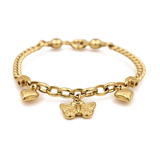 14K Yellow Gold Fashion Women's Bracelet with Hanging Butterfly and Hearts / Size: 7.5" / Weight: 7.5 GR / DOWB4BFHR