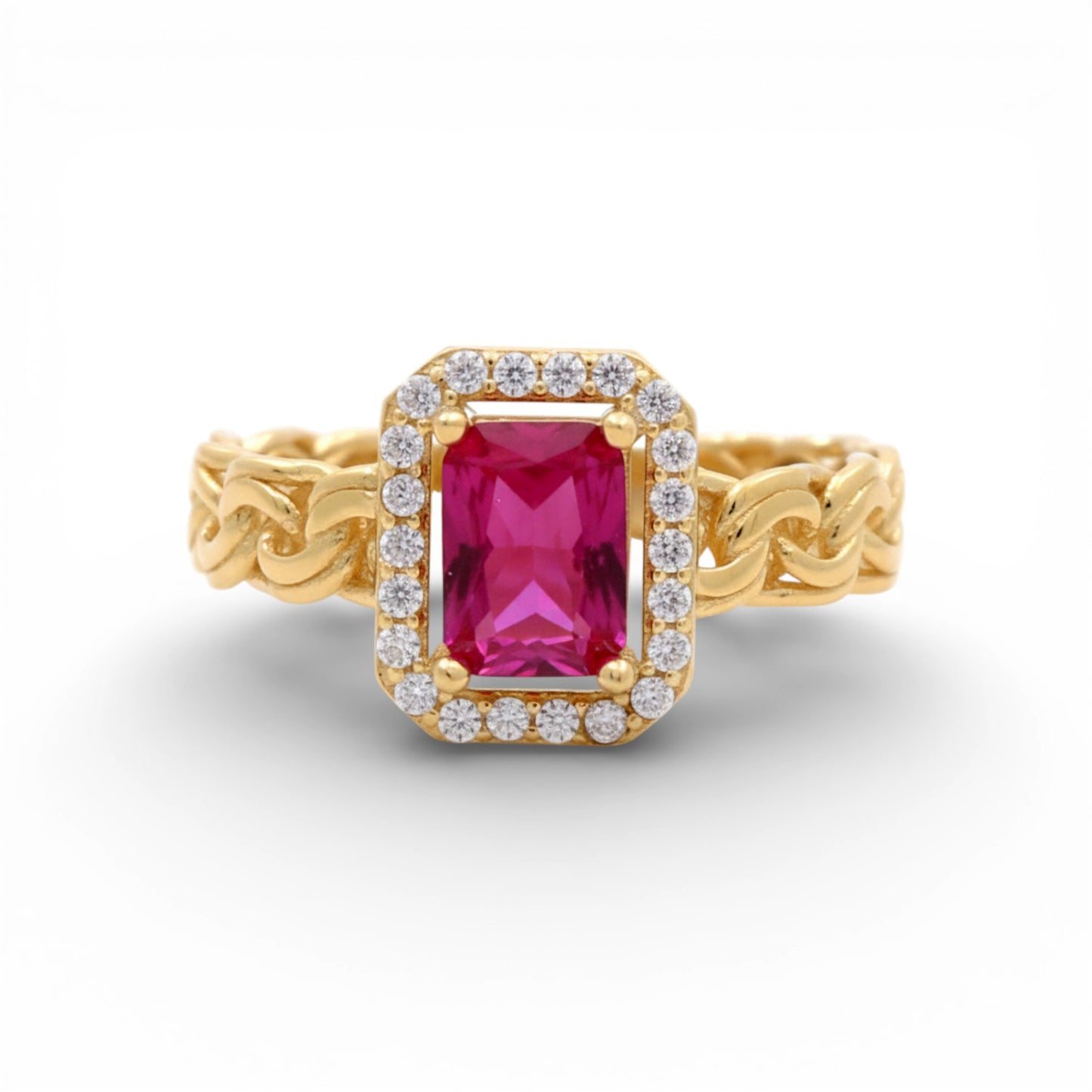 14K Yellow Gold Women's Ring with Chinese Link and Red Cz / Size: 7 / Weight: 3.1 GR