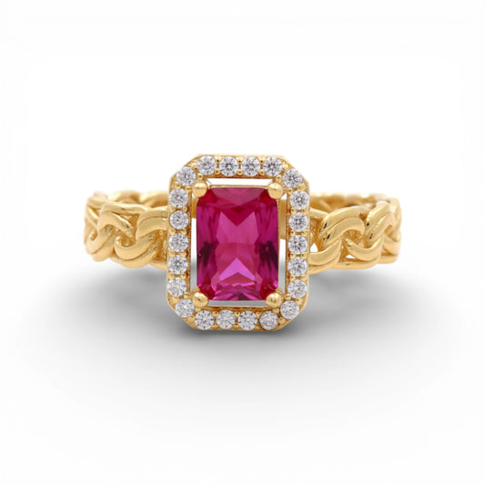 14K Yellow Gold Women's Ring with Chinese Link and Red Cz / Size: 7 / Weight: 3.1 GR / Y24-1166