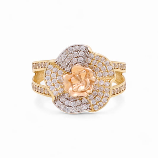 14k Three Tone Flower Women's Ring with Cz / Weight 4.0 GR / COWR3T4FL