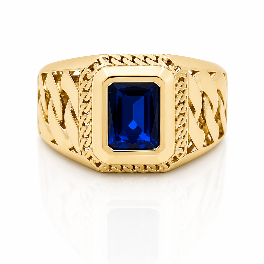 10K Yellow Gold Fashion Men's Ring with Royal Blue Cz Stone/ Size: 12 / Weight: 5.7 GR / DQMR0FS-11