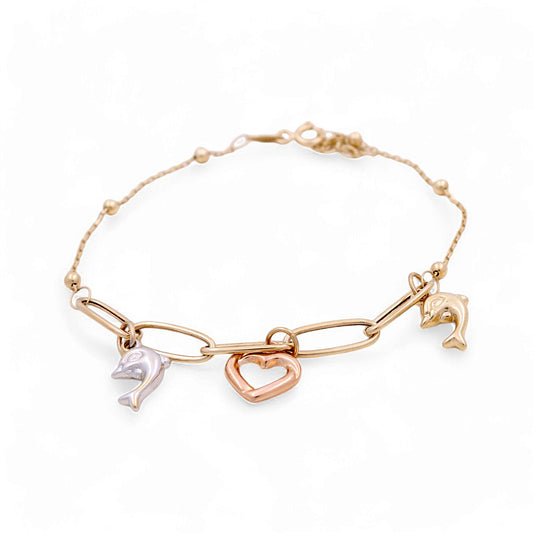 14K Tricolor Gold Women's Bracelet With Heart and Dolphin / Size: 7.5" / Weight: 2.4 GR / CCWB4FS-1