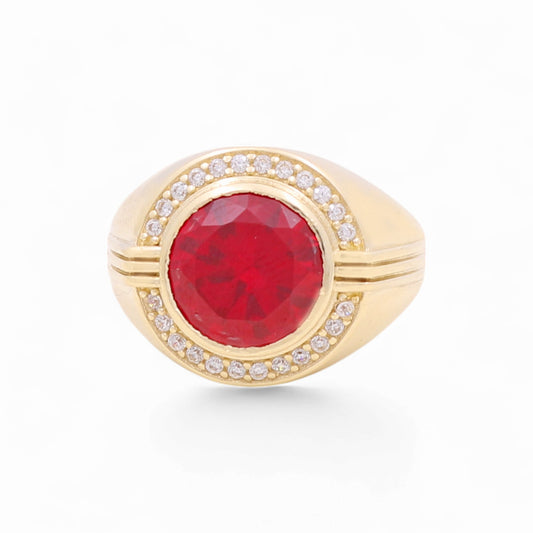 14K Yellow Gold Fashion Round Men's Ring with Red and White Cz / Size 10 / Weight: 8.1 GR