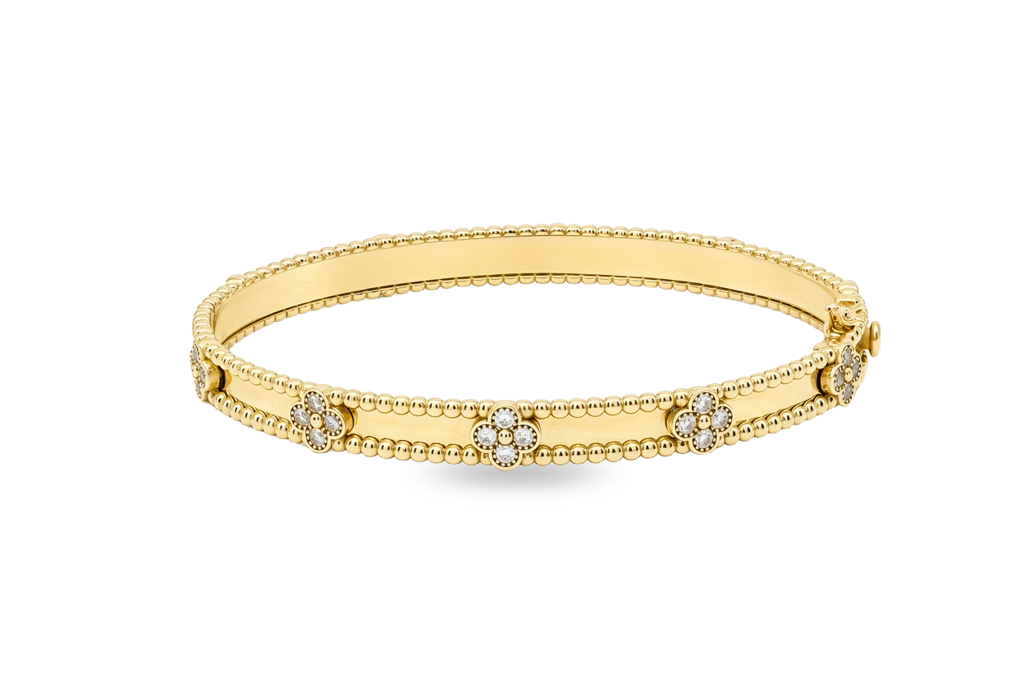 10K Yellow Gold Fashion Clover Women's Bangle Bracelet with Cz / Size: 17" / Weight: 10.2 GR / P61B-518