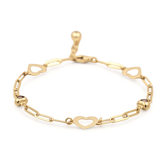 14K Yellow Gold Paperclip Women's Bracelet with Hearts / Stone: Cz / Size: 7.5" / Weight: 3 GR / COWB4PCHR