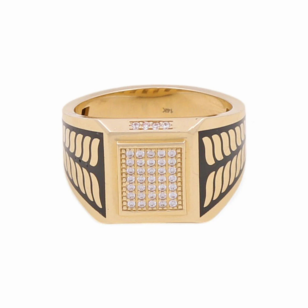 14k Yellow Gold Square Men's Ring with Black Enamel and CZ / Size 11 / Weight: 9.9 GR / COMR4SQBECZ-1