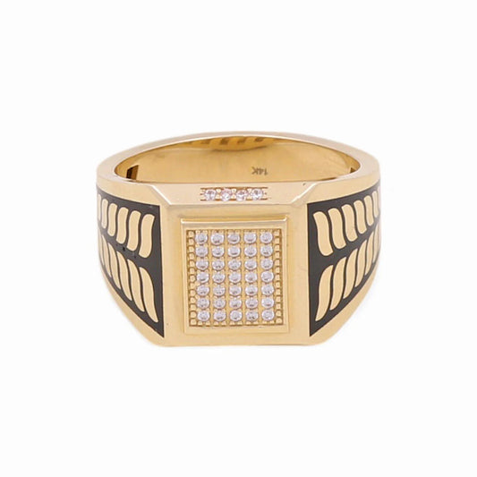 14k Yellow Gold Square Men's Ring with Black Enamel and CZ / Size 11 / Weight: 9.9 GR / COMR4SQBECZ-1