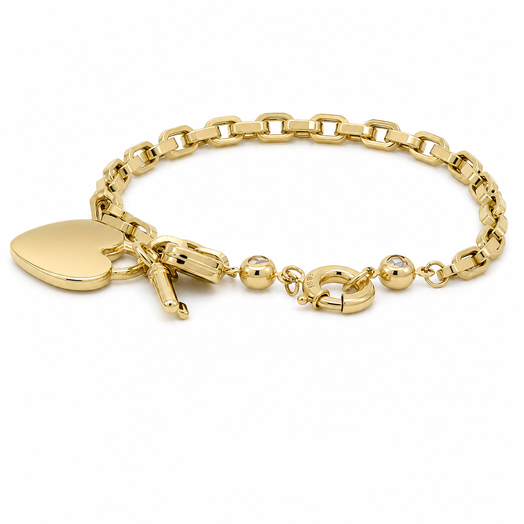 14K Yellow Gold Hearts with Key Women's Bracelet / Size: 7.5" / Weight 7.9 GR / DOWB4HRKY