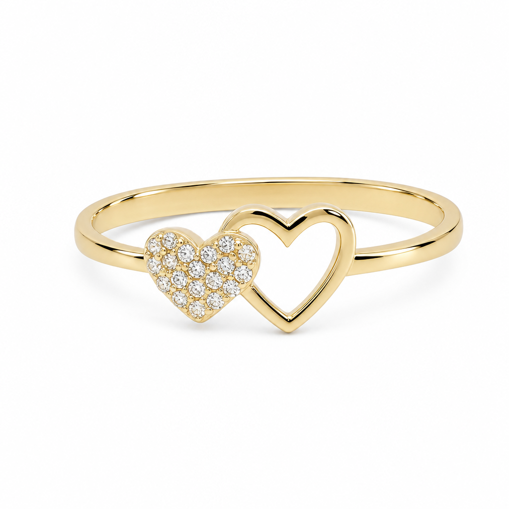 14K Yellow Gold Two Hearts Women's Ring with Cz / Size: 9 / Weight: 1.3 GR / DQWR4HR-28