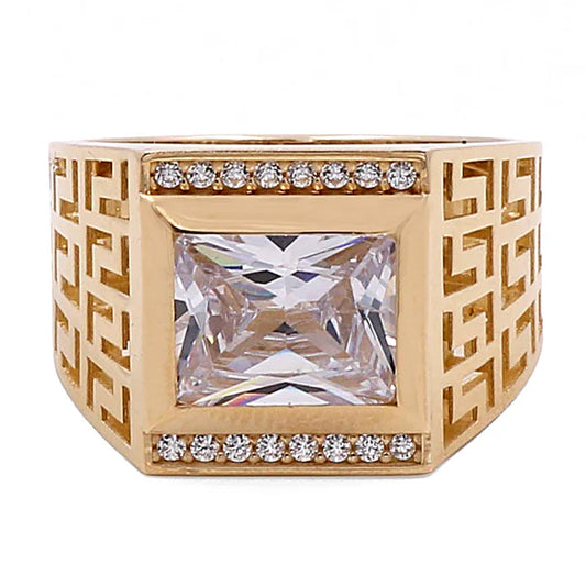 BOMR4FS-19 14k B Cz Size 11sz Weight 7.4gr Cuadrado Mens Ring with Greek and Cz