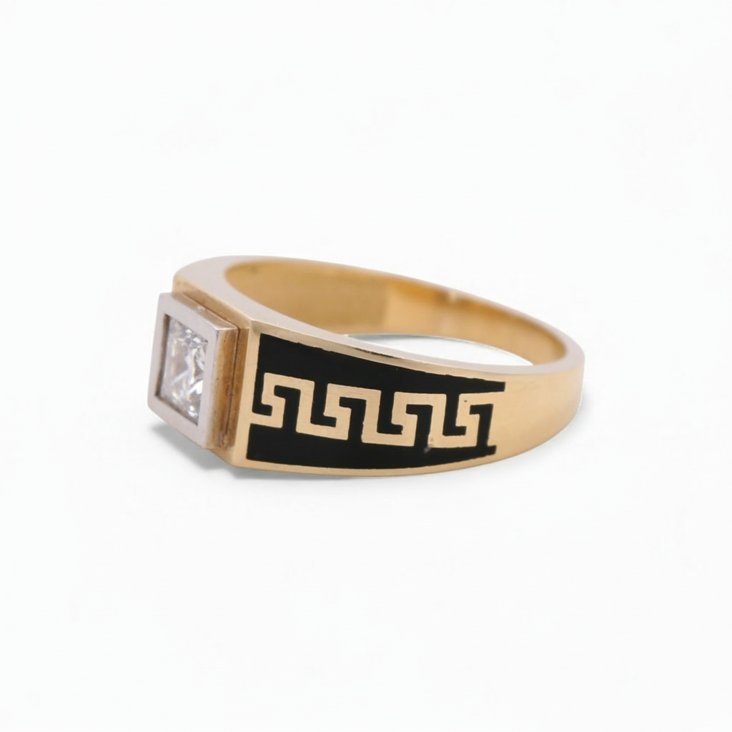 14k Yellow Gold Two Tone Square Men's Ring with Black Enamel and Cz  / Size 12 / Weight: 6.6 GR /COMR4SQTTBECZ