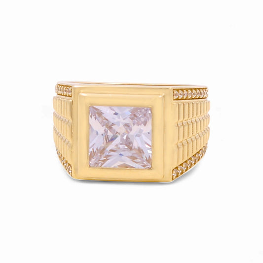 14K Yellow Gold Fashion Square Men's Ring with White Cz / Size 10 / Weight: 9.7 GR