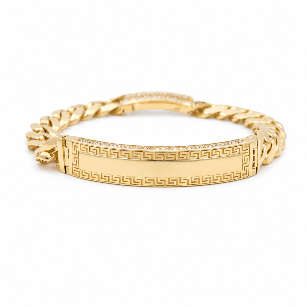 14K Yellow Gold Monaco ID Bracelet with Greek / CZ / Size: 7mm 7.5" / Weight: 12.2 GR / CAWB4MONID7-7.5