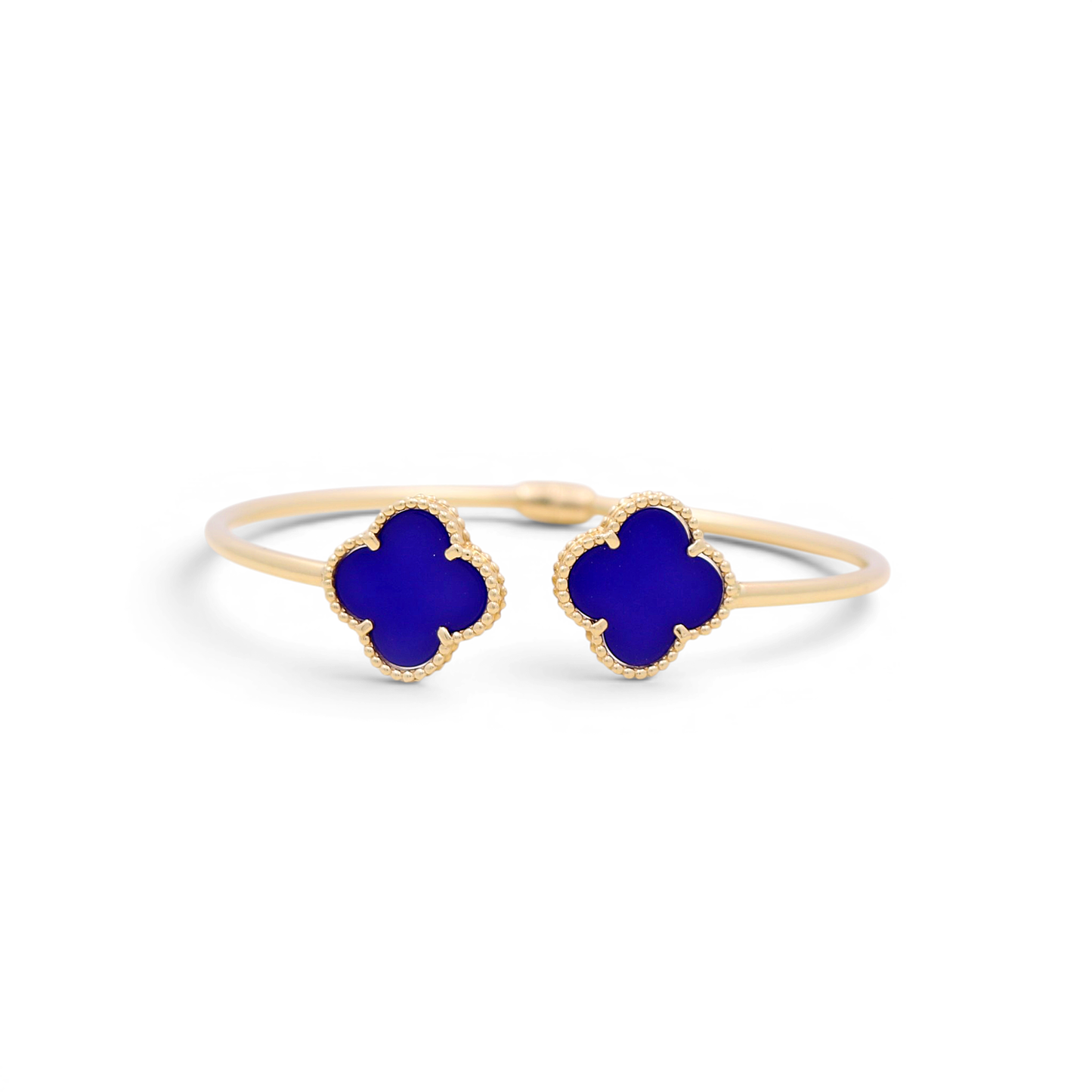 14K Yellow Gold Semisolid Royal Blue Two Clover Bangle / Weight: 7.1 GR