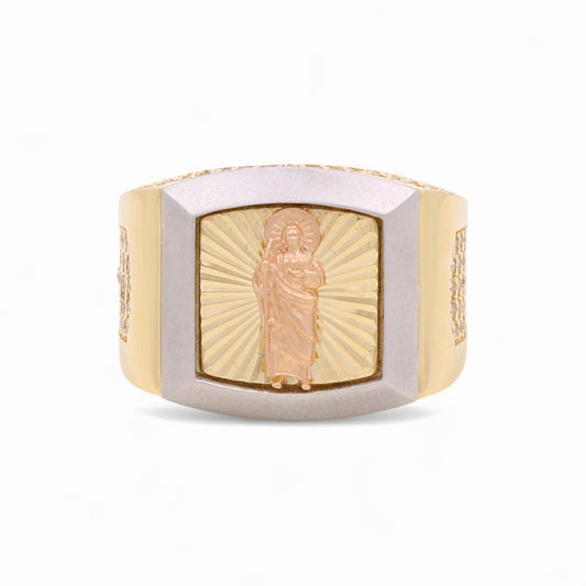 14k Three Tone Square San Judas Men's Ring with Cz / Size 9.5 / Weight 9.3 GR / COMR4SQ3TSJCZ
