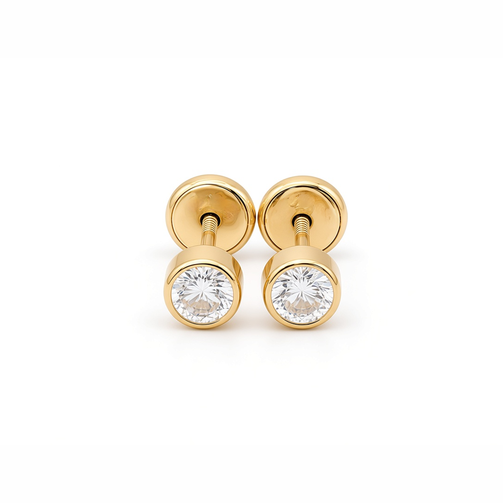 14K Yellow Gold Fashion Stud Earrings with Cz Stone / 6-CH-R-4