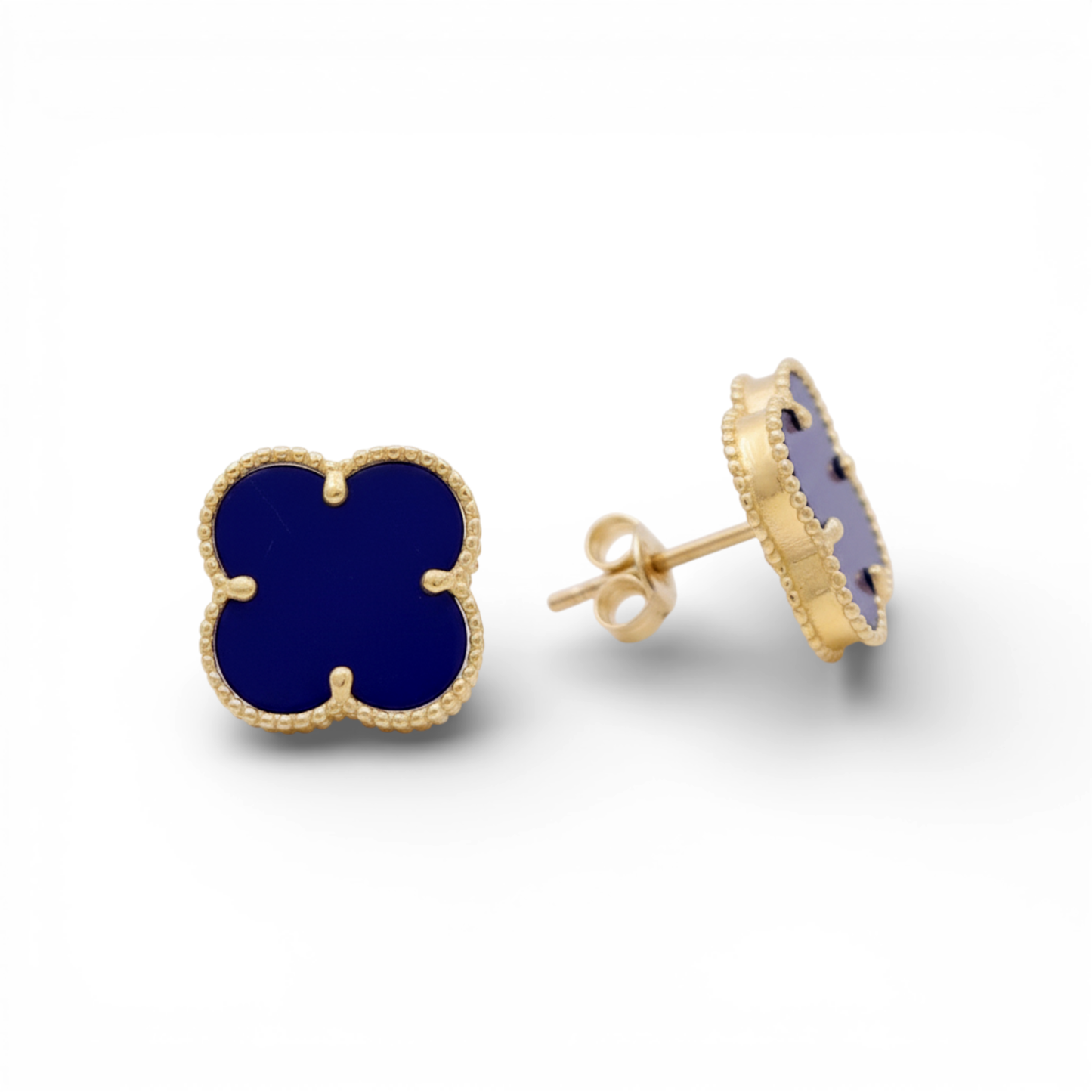 10K Yellow Gold Royal Blue Clover Stud Earrings / Size: 11.5MM / Weight: 2.2 GR