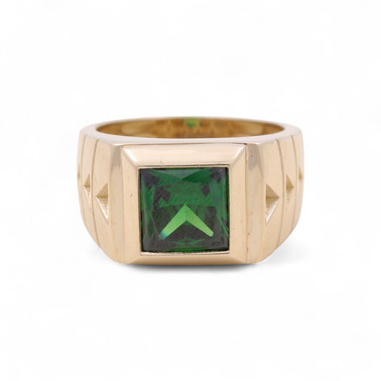 14K Yellow Gold SQ Fashion Men's Ring with Green Cz / Size: 12 / Weight 8.5 GR / BOMR4FS-49
