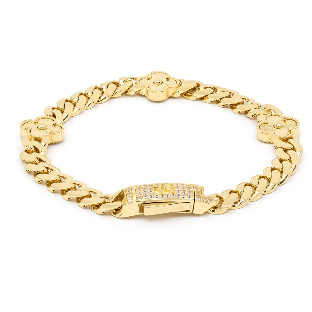 10K Yellow Gold Monaco Bracelet with Clover / Size: 7.5" / Weight: 11.4 GR / DOWB0MONCLV