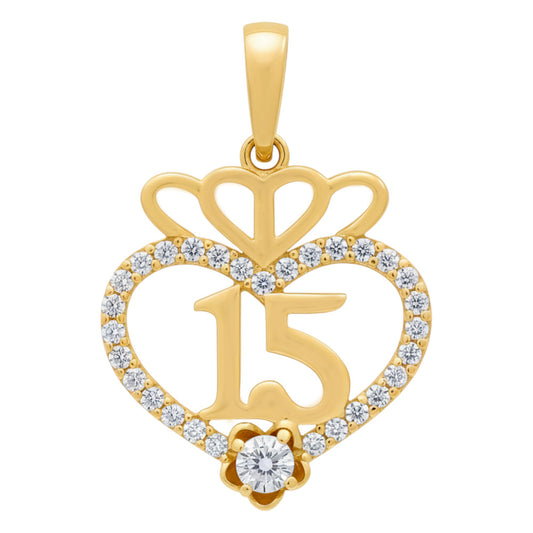 14K Yellow Gold Quinceañera Heart Pendant with Cz / Weight: 1.3 GR