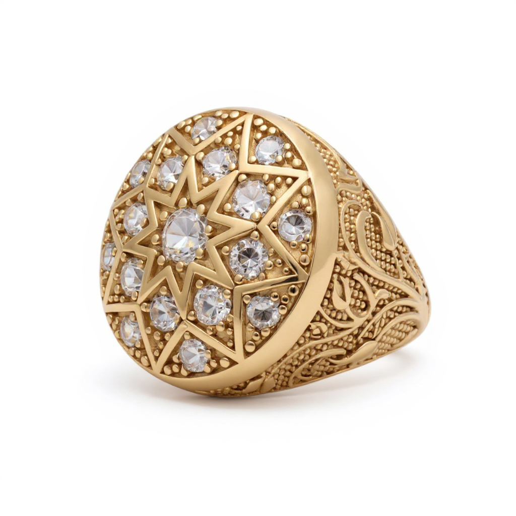 14K Yellow Gold Men’s Ring RD Rosetta Style with Star and White Stones / Size 10.5 / Weight: 16.8 GR