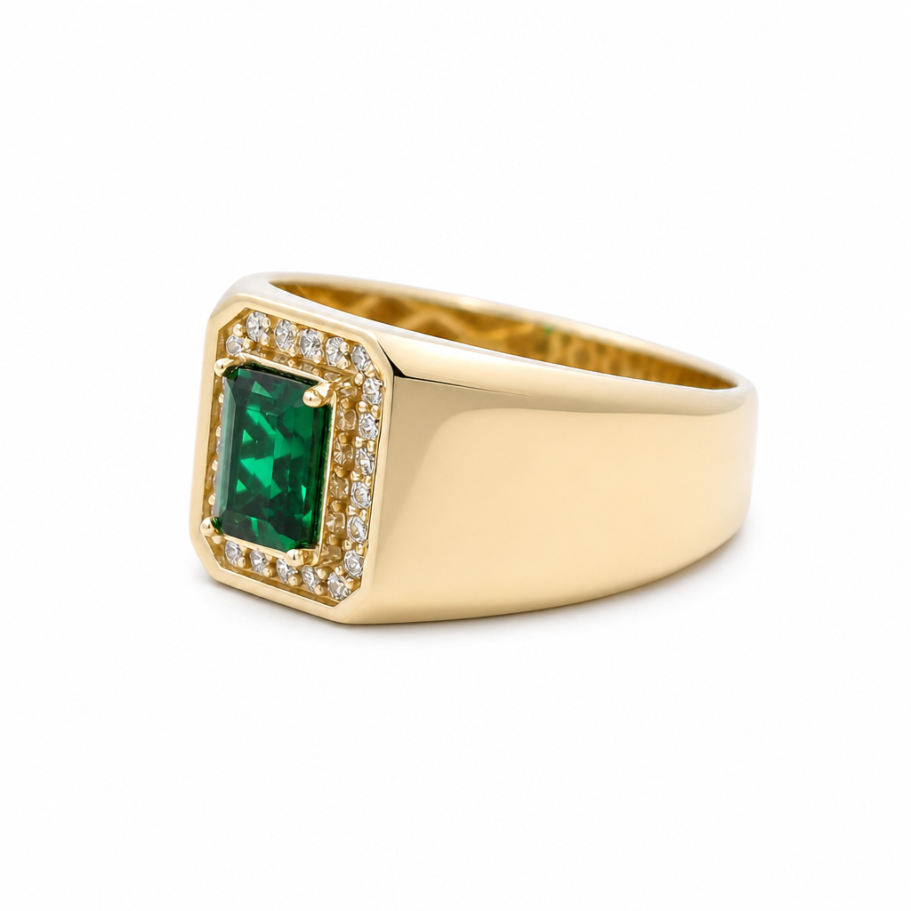 10K Yellow Gold Men's Ring with Cz and Green Stone / Size: 10 / Weight: 5.1 GR / 602-00212