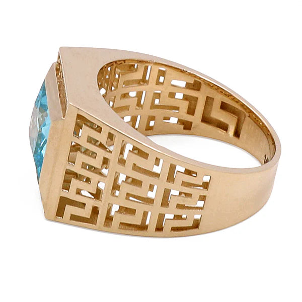 BOMR4FS-20 14k B Cz Size 9.5sz Weight 7.0grCuadrado Mens Ring with Greek and Light Blue Cz