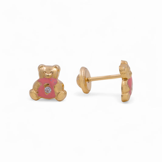 14k Yellow Gold Pink Bear Stud Earrings with Cz / 6-438401PS